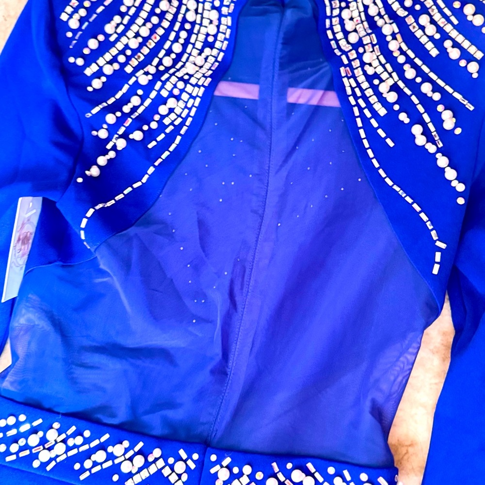 Beautiful dress with stones and transparency on the back and sides, royal blue,